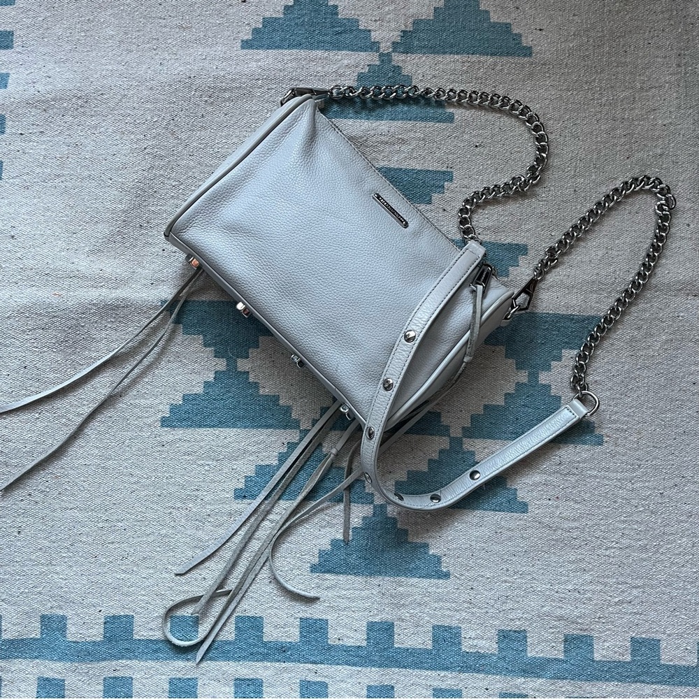 Rebecca Minkoff Leather 5 Five Zip Zipper Grey Taupe Bag Crossbody Chain Mini